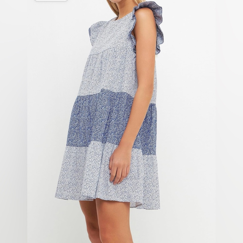 English Factory multi floral ruffled mini dress. Blue. Size medium